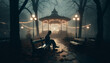 © Tanicsean - A moody and atmospheric image of a person sitting alone on a park bench. The setting is an evening park scene enveloped in mist