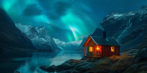 Wall Mural - A small cabin is on a rocky shore near a lake