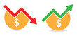 © MKIN - price, rate, profit increase and decrease icon, set of cost symbol dollar, money, coin sign with arrow up and down. transparent vector illustration for app, website, presentation