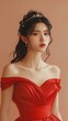 Asian young female wearing tiara crown princess red gown for party celebration or dinner