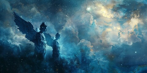 Wall Mural - two angels are standing in the sky, looking down at the earth