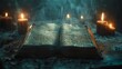 Witch spell book opens to a cloud of smoke and ethereal lights that allude to magic and archaic knowledge.