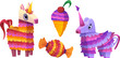 Mexican pinata game icon for birthday party vector. Mexico carnival candy game for holiday. Isolated icecream and unicorn traditional paper gift set. Festival handcraft toys with sweets collection
