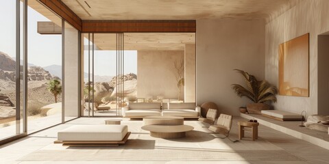 Wall Mural - A large living room with a white couch and a white rug