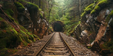 Sticker - A tunnel in a forest with a train track