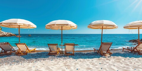 Poster - A beach with a row of colorful umbrellas and chairs