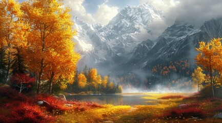  Autumnal Enchantment: Golden Forest by a Mountain Lake