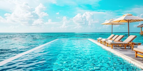 Poster - A pool with a beach setting and umbrellas