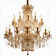 Opulent gold crystal chandelier with lit candles on a white background, symbolizing wealth and elegance.