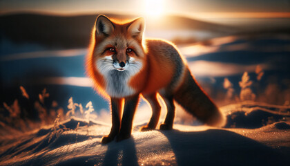 Wall Mural - A striking image of a red fox in the wild, with its rich orange fur illuminated by the golden light of the setting sun. The fox is standing on a snowy