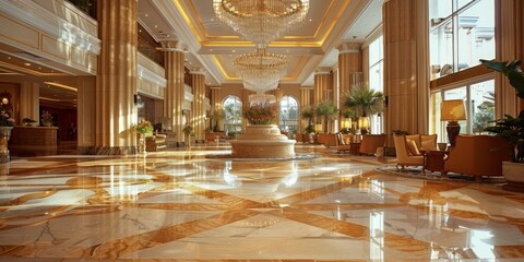 Poster - A large hotel lobby with a chandelier and a fountain