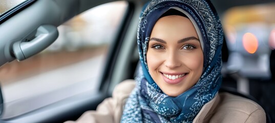 Stylish woman in turban driving car  symbol of diversity and middle eastern health lifestyle