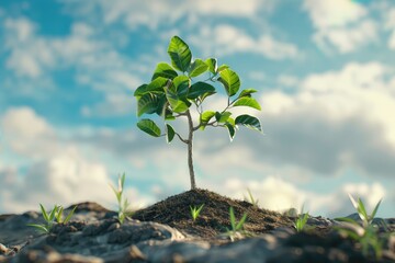 Young green plant growing on a rock with blue sky background