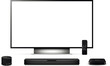 Modern oled tv with sound bar, tv set-top box and smart speaker