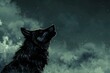 Illustration of a wolf howling on a dark sky with clouds