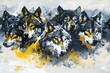 Watercolor painting of howling wolf in yellow and gray colors on white background