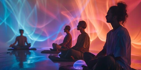 Sticker - A group of people are sitting in a room with colorful lights