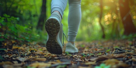 Wall Mural - A person is walking through a forest with leaves on the ground