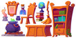 Magic wizard school furniture and equipment. Cartoon medieval class room interior elements - witch cauldron with potion, wooden table and chair, cabinet with books and broom stick, candle and orb.