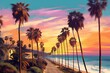 Palm trees along the sea coast at sunset,  Digital painting