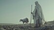 a pure white lamb standing next to a biblical looking shepherd in a white rob holding a staff,  ead idul adha, generative ai