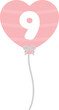 Set of pastel pink heart-shaped numbered balloons illustration for baby and kids party decoration. Number nine.