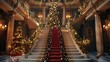 A grand staircase adorned with garlands and ornaments, leading up to a beautifully decorated foyer with a towering Christmas tree. 8k, realistic, full ultra HD, high resolution, and cinematic
