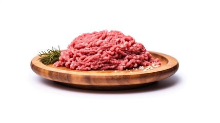 Fresh ground meat on wooden plate isolated on white background. 