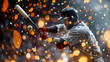 A man in a baseball uniform swinging a bat at a baseball, illuminated by dynamic light, on a bokeh light background, capturing the intensity of the sport. Generative AI