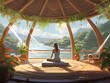 A woman sitting in yoga lotus pose at wellness retreat vacation in nature quiet place 