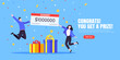 Happy lottery winners with big prize paycheck. Fortune lottery or casino gambling lucky games concept flat style design vector illustration. People jumps in the air with trophy cheque.