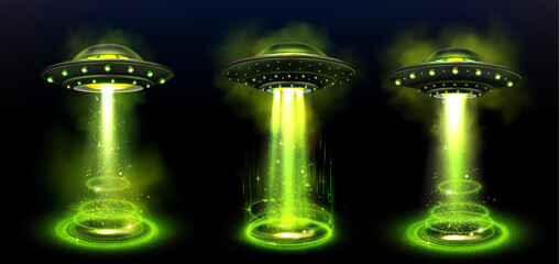 Poster - Green ufo spaceship with beam 3d effect vector. Space alien saucer ship technology and fantasy ray glow for energy glitter portal podium. Magic hologram with neon spotlight for future invasion