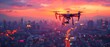 Drone Soaring Above a 5G-Powered City at Dusk. Concept Technology, Urban Landscape, Drone Photography, 5G Connectivity, Futuristic Cityscape