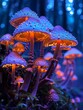 Psychedelic mushrooms glowing with vibrant, luminescent spots in a mystic, enchanted forest