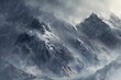 A fierce blizzard sweeping across a mountain range
