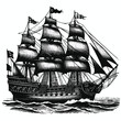 hand drawn ship old engraving vector illustration style. illustration of an old fashioned sailing ship or boat in a vintage etching woodcut style. ship vintage illustration old engraving style