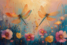 Oil Painting Golden Dragonflies Over Meadow Flowers, Interior Decor, Wall Painting