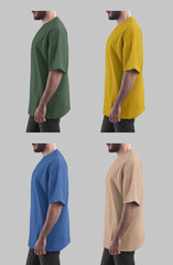 Wall Mural - Mockup of blue, green, yellow, beige oversized t-shirt on bearded man, side view, shirt for design. Set