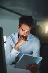 Poster - Businessman, night and thinking with tablet at office for research or reading online news. Young man, journalist or employee working late in decision or choice with technology for agenda at workplace