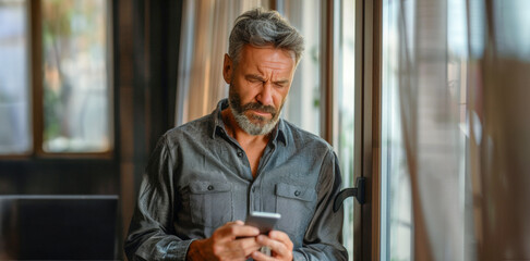 Wall Mural - A man is looking at his cell phone while sitting in a window