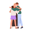 Happy family, single mother hugging children teenagers with love. Smiling mom parent embracing teenage kids, girl and boy, son and daughter. Flat vector illustration isolated on white background
