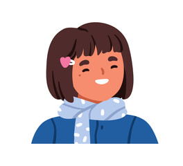 Poster - Cute smiling happy girl child. Joyful excited laughing kid, head portrait. Sweet kawaii little schoolkid, cheerful positive face expression. Flat vector illustration isolated on white background