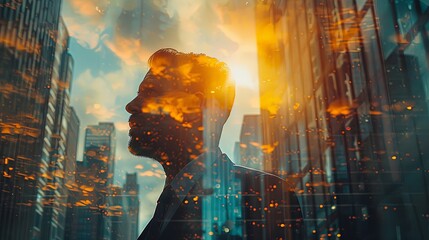 Man standing in office at night wearing suite with double exposure cityscape overlay and bokeh lights.