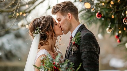 A bride and groom kissing under a mistletoe. 