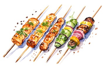 Watercolor illustration of grilled chicken kebabs with vegetables on skewers