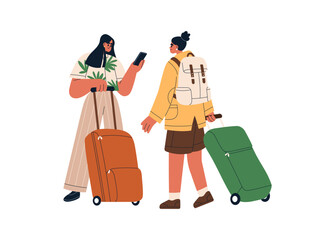 Wall Mural - tourists with luggage, phone. women passengers standing with suitcases, backpack, travel bags. happy