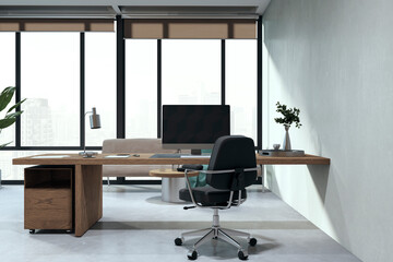 Poster - Clean wooden and concrete home office interior with panoramic windows, workplace and couch. 3D Rendering.