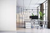 Fototapeta Miasto - Modern minimalist office interior with open space, sleek furniture, and natural light. 3D Rendering