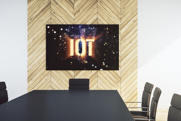 Aufkleber - Creative IOT hologram on presentation tv screen in a modern meeting room, research and development concept. 3D Rendering