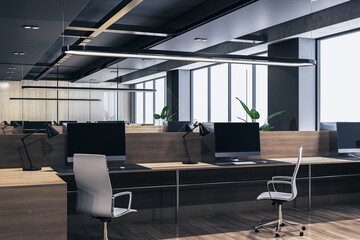 Poster - Bright coworking office workplace with wooden flooring, panoramic windows with city view, furniture and computer monitors. 3D Rendering.